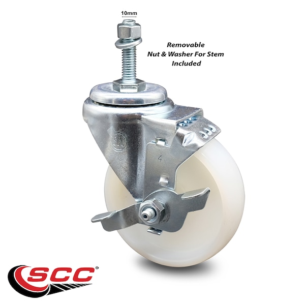 4 Inch Nylon Wheel Swivel 10mm Threaded Stem Caster with Brake SCC